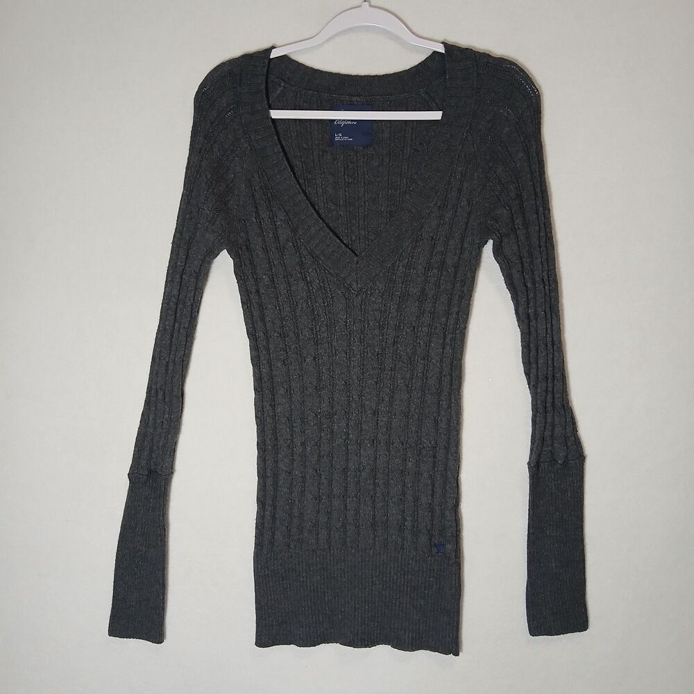American Eagle Sweater Womens Large Vintage Y2K Gray Cable Knit Preppy #1166